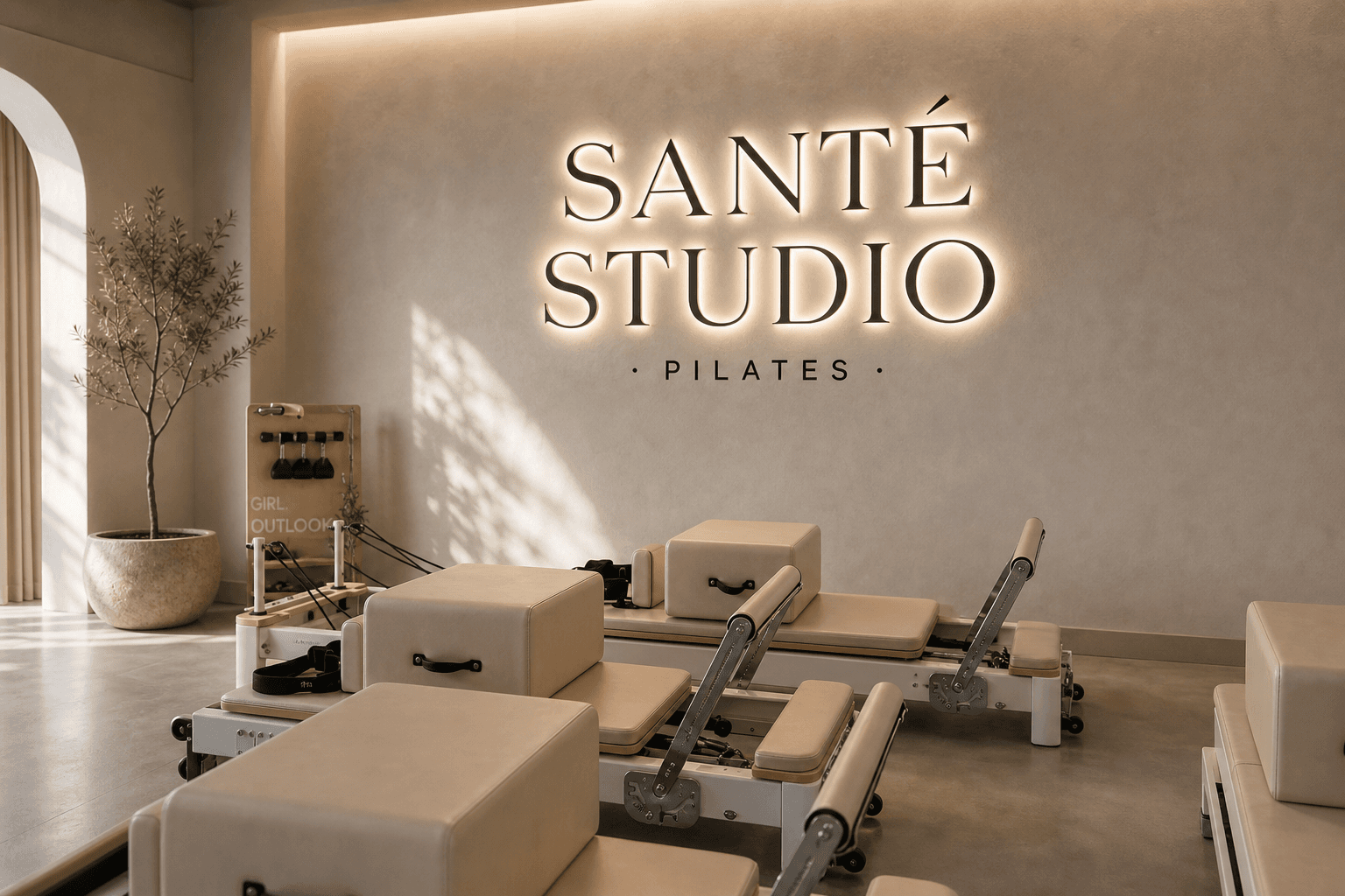 Santé Studio interior with backlit signage and reformer Pilates beds